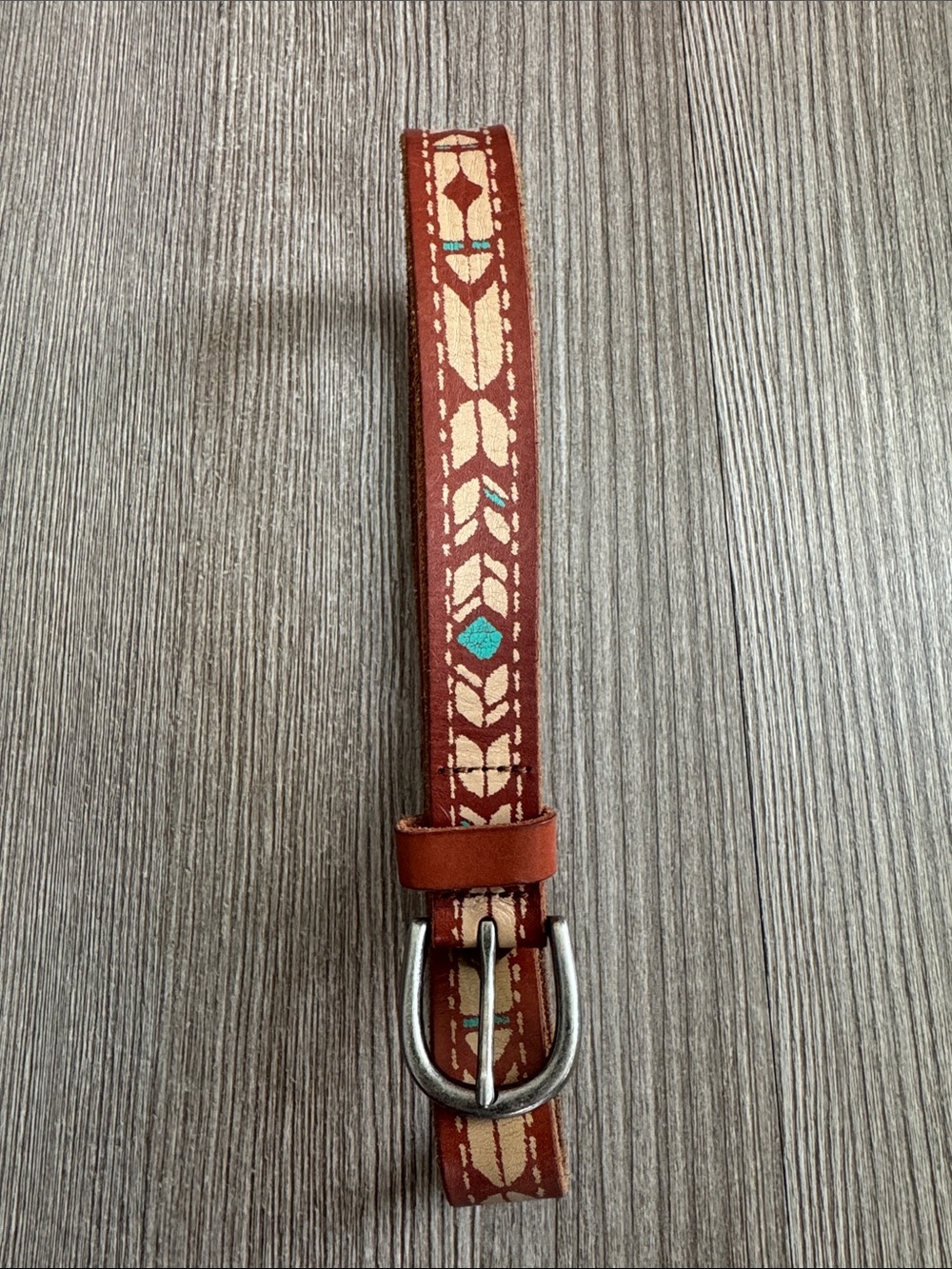 AEO Live Your Life Belt – 40” – Silver Buckle – Brown/Turquoise Pattern